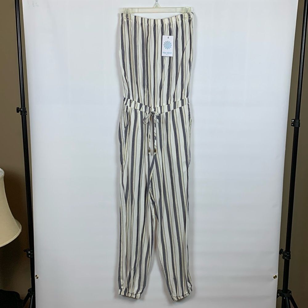 Blue Island Beach blue & white strapless jumpsuit, gold striping, Small NWT